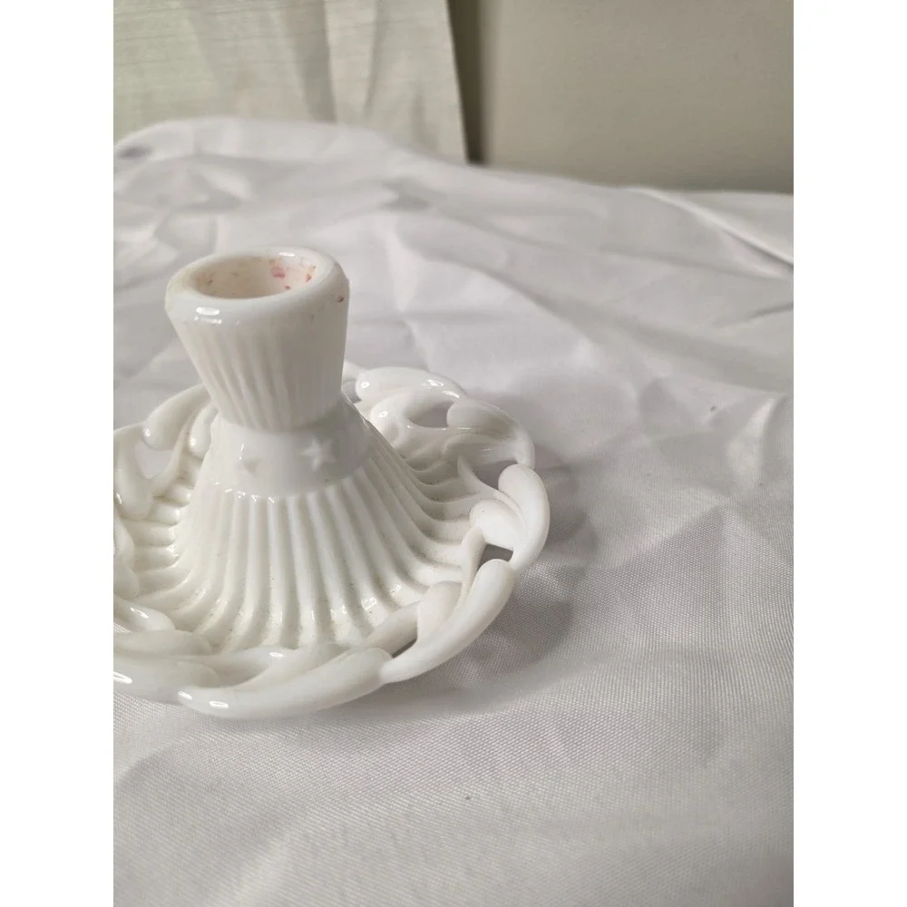 Pair Of Anchor Hocking Old Colony Milk Glass Lace Edge Taper Candle Holders